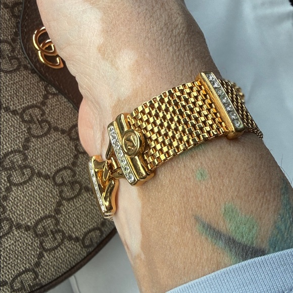 Swarovski gold metal mesh bracelet, white pave crystals, 7"L, Swan Mark - Picture 3 of 10